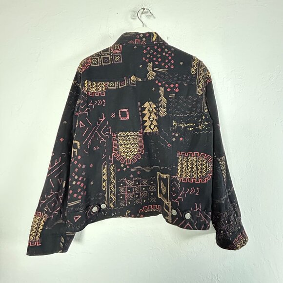 Chico's Design Womens Aztec Print Beaded Jean Jacket Size 2 Black Button Front - Picture 2 of 7